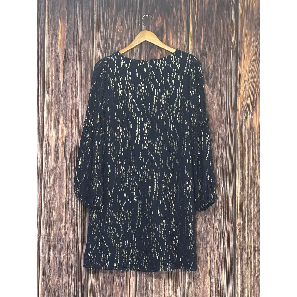 Lilly Pulitzer Cleme Dress Womens 8 Navy Silk Gold Metallic Foil Balloon Sleeve - Picture 3 of 15